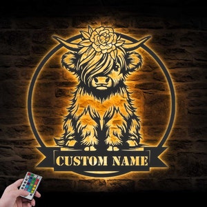 Custom Highland Cow With Flower Metal Wall Art LED Light Personalized Heifer Farmhouse Name Sign Home Decor Farm Barn Nursery Decoration