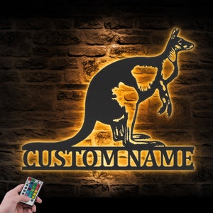 Custom Kangaroo Australia Metal Wall Art LED Light Personalized Kangaroo Lover Name Sign Home Decor Marsupial Animal Decoration Housewarming