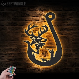 Deer Duck And Fish Hunting Metal Wall Art LED Light Hunter Sign Home Decor Cabin Man Cave Decoration Housewarming Christmas birthday Gift