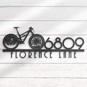 Letrero de metal con número de casa para bicicleta de montaña MTB personalizado con nombre de calle para colgar en la puerta de entrada o patio.