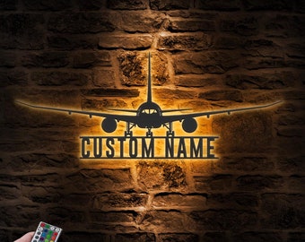 Custom Airplane Metal Wall Art LED Light Personalized Pilot Name Sign Home Decor Aircraft Hangar Decoration Airforce Housewarming Xmas Gifts
