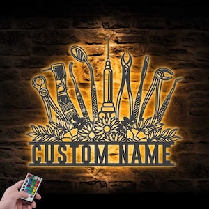 Custom Flower Dental Tool Shop Metal Wall Art LED Light Personalized Floral Dentist Medical Equipment Name Sign Decor Dental Clinic Sign