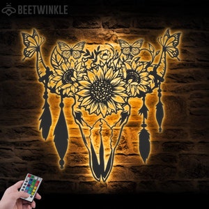 Butterfly Sunflower Cow Skull Farmhouse Metal Wall Art LED Light Floral Boho Buffalo Longhorn Sign Home Decor Heifer Barn Nursery Decoration
