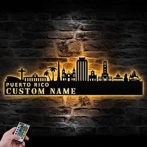 Custom Boricua Puerto Rico City Skyline Metal Wall Art LED Light Personalized Puerto Rican Name Sign Decor Born In Puerto Rico Decoration