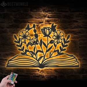 Floral Book Lover Metal Wall Art LED Light Flowers Book Sign Reading Decor Reader Library Classroom Decoration Nerd Nursery Housewaring Gift
