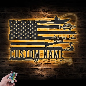 Custom Deer Duck And Walleye Fishing US Flag Metal Wall Art LED Light Personalized Hunter Name Sign Home Decor Cabin Decoration Birthday