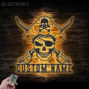 Custom Pirate Skull Metal Wall Art LED Light Personalized Pirate Ship Name Sign Home Decor Skeleton Piracy Decoration Birthday Housewarming