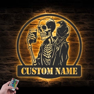 Custom Skeleton Coffee Raven Metal Wall Art LED Light Personalized Skull Crow Name Sign Decor Coffee Lover Halloween Decoration Gift