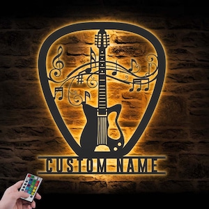 Custom Guitar Pick Metal Wall Art LED Light Personalized Guitar Player Name Sign Home Decor Music Room Decoration Guitarist Birthday Xmas
