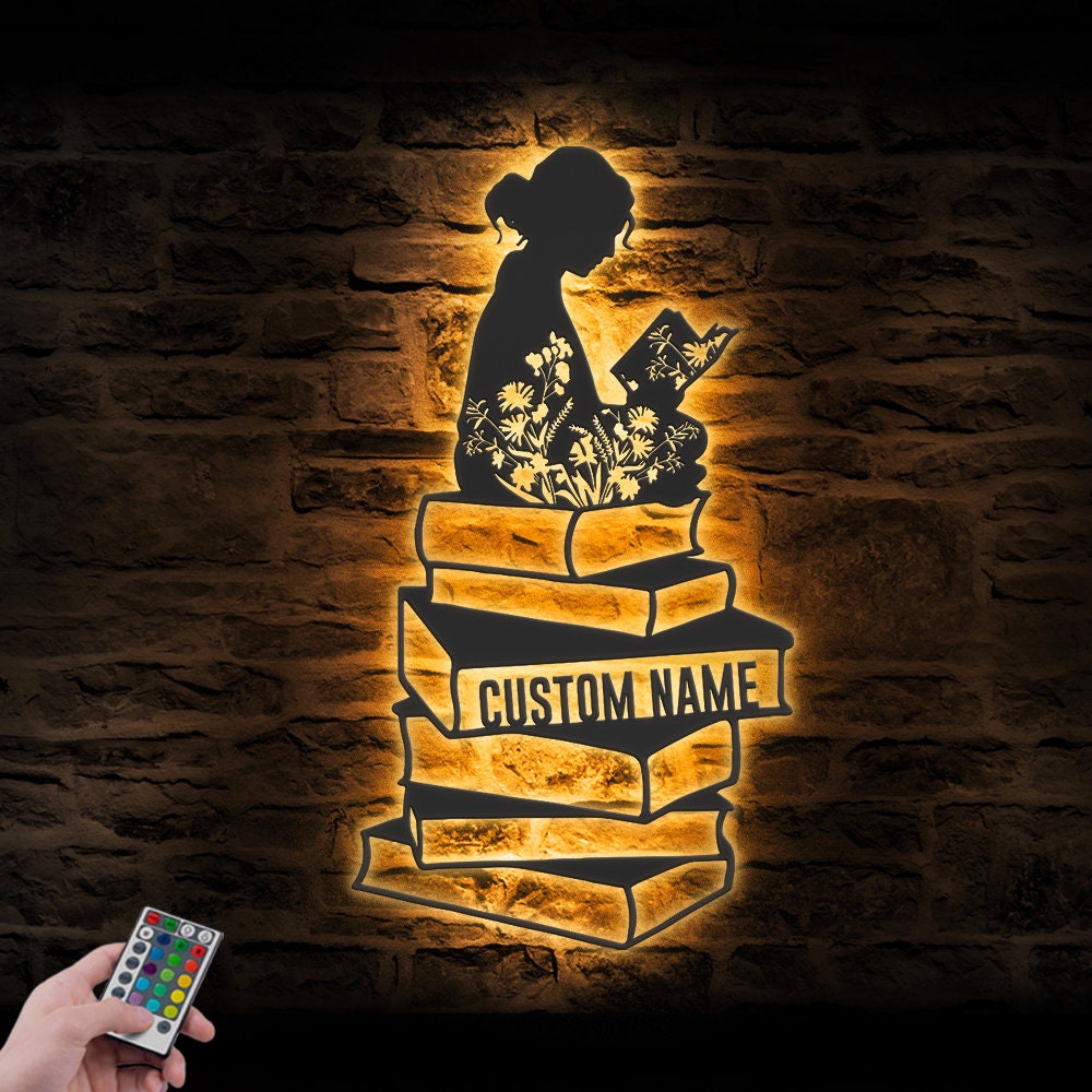 Custom Girl Reading Book Metal Wall Art LED Light Personalized Book Lover Name Sign Home Decor Read More Books Nerd Reader Decoration Gift