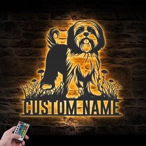 Arte de pared de metal Lhasa Apso personalizado con luz LED, letrero con nombre personalizado para amantes de los perros, decoración para el hogar, mascota, animal, guardería, decoración para Navidad y cumpleaños