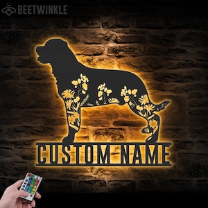 Custom FLoral Rottweiler Metal Wall Art LED Light Personalized Wild Flower Dog Lover Name Sign Home Decor Pet Animal Decoration Xmas
