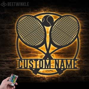 Custom Ball Racket Tennis Metal Wall Art LED Light Personalized Tennis Player Name Sign Home Decor Tennis Room Decoration Birthday Xmas Gift