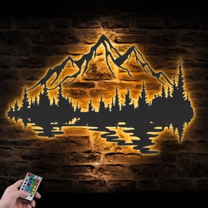 Arte de pared de metal con luz LED, diseño de montaña, bosque y naturaleza, gran cartel de aventuras, para el hogar, senderismo, decoración para el hogar, campista, excursionista, guardería, cumpleaños