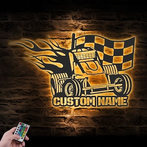 Custom Racing Flag Sprint Car Metal Wall Art LED Lights Personalized Racer Name Sign Home Decor Car Racing Decoration Man Cave Christmas