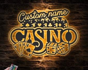 Custom Casino Playing Cards Chips Gambling Dice Poker Metal Wall Art LED Light Personalized Gamer Name Sign Home Decor Game Zone Decoration