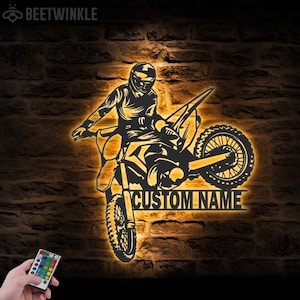 Custom Motocross Biker Metal Wall Art LED Lights Personalized Dirt Bike Name Sign Home Motorcycle Decor Rider Decoration Man Cave Christmas