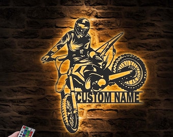 Custom Motocross Biker Metal Wall Art LED Lights Personalized Dirt Bike Name Sign Home Motorcycle Decor Rider Decoration Man Cave Christmas