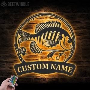 Custom Bluegill Fish Fishing Metal Wall Art LED Light Personalized Fisher Name Sign Home Decor Kid Boy Girl Nursery Decoration Birthday