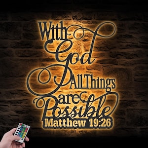 With God All Things Are Possible Metal Wall Art LED Light Christian Sign Home Decor God Faith Decoration Religious Matthew 19:26 Christmas