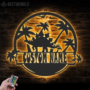 Custom Stegosaurus Dinosaur Metal Wall Art LED Light Personalized Jurassic Cretaceous Dino Name Sign Home Decor Kid Nursery Decoration