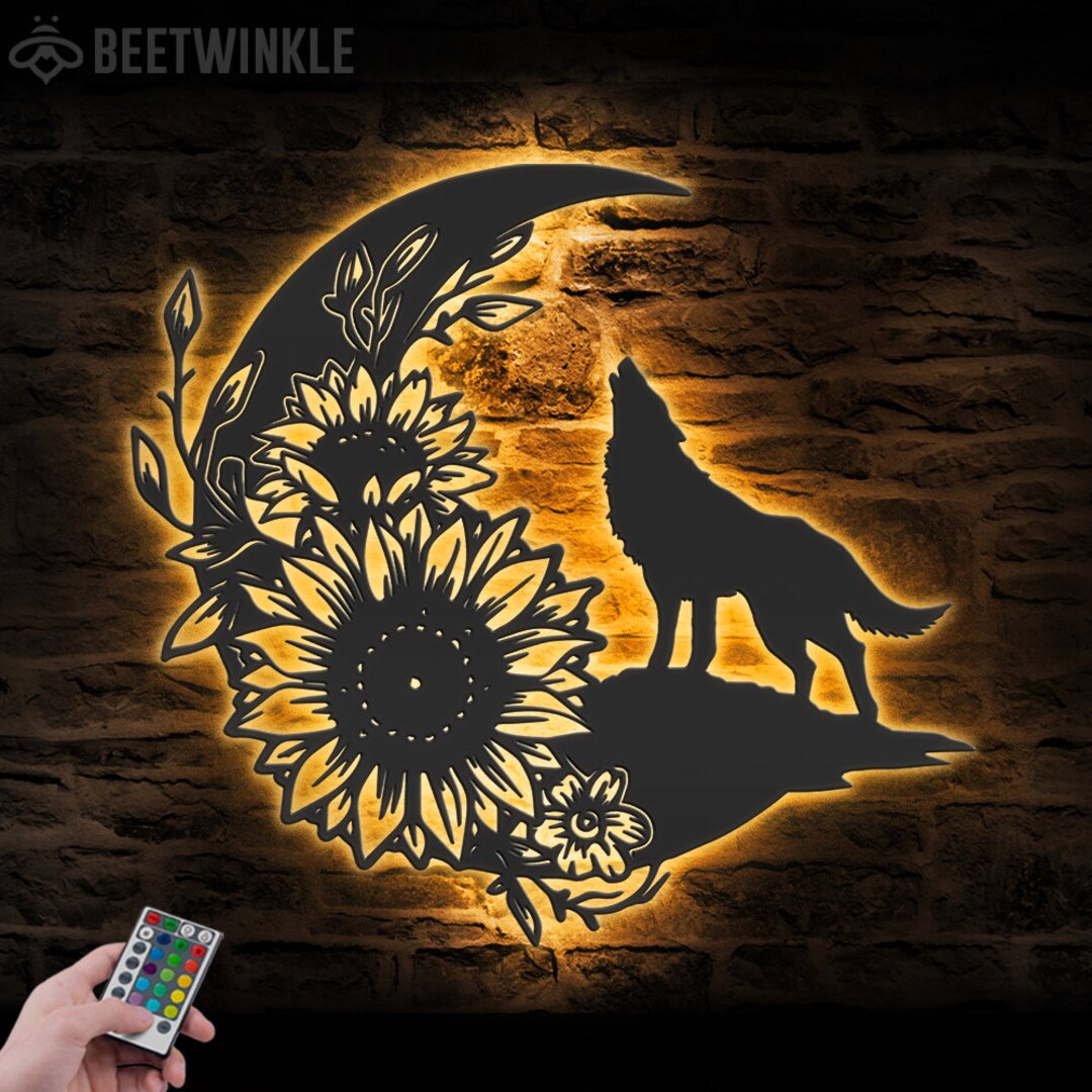 Floral Wolf on the Srescent Moon Sunflower Metal Wall Art LED