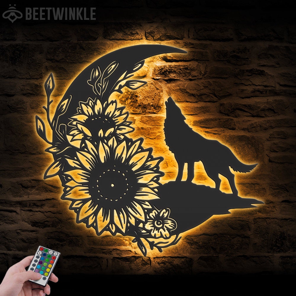 Floral Wolf on the Srescent Moon Sunflower Metal Wall Art LED