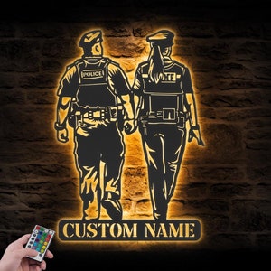 Custom Couple Police Metal Wall Art LED Light Personalized Policemen Name Sign Home Decor Policeman Department Decoration Christmas Xmas