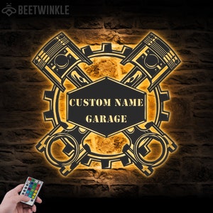 Custom Garage Metal Wall Art LED Light Personalized Workshop Name Sign Home Decor Car Mechanic Repair Decoration Repairman Birthday Xmas