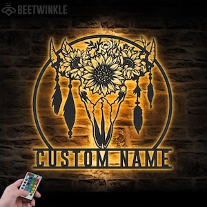 Custom Cow Skull Sunflower Farmhouse Metal Wall Art LED Light Personalized Floral Boho Buffalo Longhorn Name Sign Decor Heifer Barn Sign