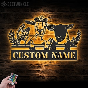Arte de parede de metal personalizada para galinha, ovelha, cabra, fazenda, luz LED, placa com nome de animal, gado, decoração para casa, fazenda, celeiro, fazendeiro