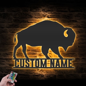 Custom Bison Farmhouse Metal Wall Art LED Light Personalized Buffalo Farm Name Sign Home Decor Heifer Cow Barn Decoration Farmer Birthday