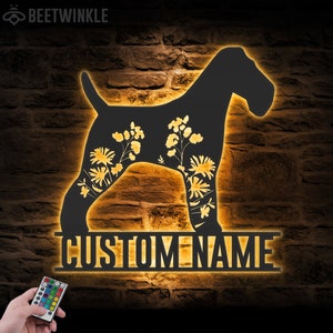Custom FLoral Wire Fox Terrier Metal Wall Art LED Light Personalized Wild Flower Dog Lover Name Sign Home Decor Pet Animal Decoration Bday