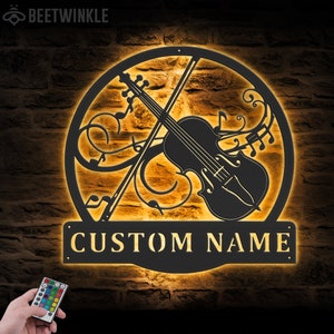Custom Viool Muziekinstrument Metal Wall Art LED-licht Gepersonaliseerde Viool Speler Naam Bord Home Decor Muziekkamer Decoratie Verjaardag
