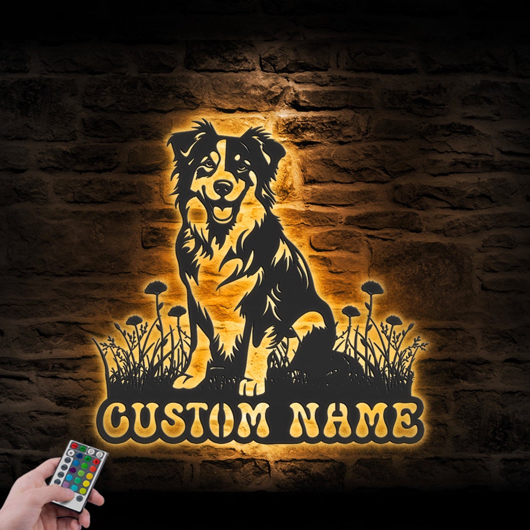 Custom Australian Shepherd Metal Wall Art LED Light Personalized Dog Lover Name Sign Home Decor