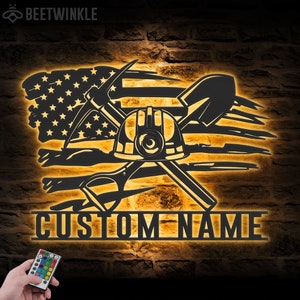 Custom Coal Mining US Flag Metal Wall Art LED Light Personalized Miner Name Sign Home Decor Mine Man Cave Decoration Birthday Xmas Gifts