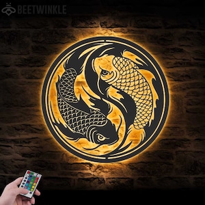 Yin Yang Koi Fish Metal Wall Art LED Light Couple Koi Fish Sign Home Decor Pet Fish Nursery Decoration Housewarming Birthday Dad Gifts