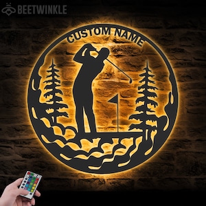 Arte de parede de metal personalizada para golfe, luz LED, placa com nome do jogador de golfe, decoração para casa, taco de golfe de 19 buracos, decoração de aniversário, Natal, presentes para o pai