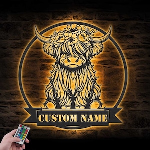 Custom Highland Cow With Flower Metal Wall Art LED Light Personalized Heifer Farmhouse Name Sign Home Decor Farm Barn Nursery Decoration