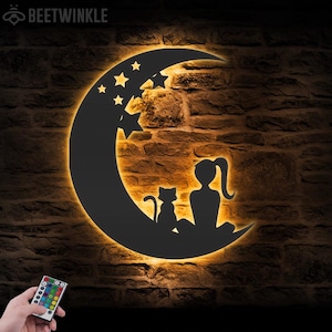 Girl And Cat On The Moon Metal Wall Art with LED Light Moon Cat Sign Home Decor Crescent Moon Decoration Man Cave Hanging Door Housewarming