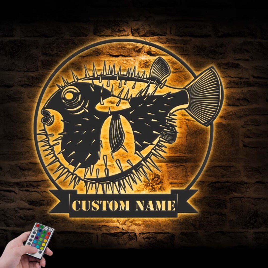 Custom Puffer Fish Metal Wall Art LED Light Personalized Pufferfish