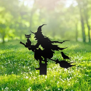 Witch on Broomstick Metal Garden Stake Halloween Metal Yard Art Sign Witch with Black Cat and Crow Outdoor Decor Witch Garden Stake