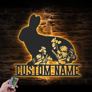 Custom WildFlower Rabbit Metal Wall Art LED Light Personalized Wild Flower Rabbit Name Sign Home Decor Floral Rabbit Decoration Christmas