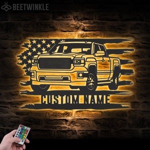 Arte de pared de metal para garaje estadounidense personalizado, luz LED, letrero con nombre de coche clásico personalizado, decoración para el hogar, reparación de mecánicos, decoración de cumpleaños para reparadores