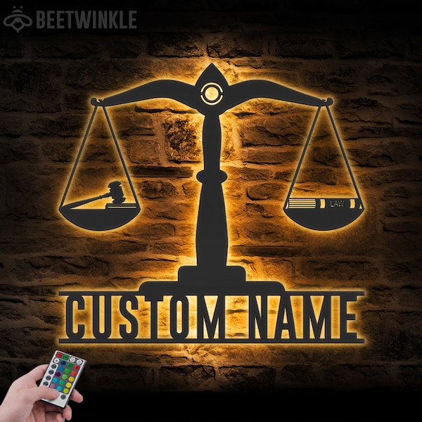 Custom Scales Of Justice Metal Wall Art LED Light Personalized Legal Assistant Name Sign Home Decor Lawyer Judge Decoration Birthday