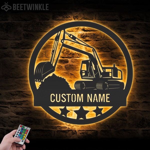 Custom Excavator Driver Metal Wall Art LED Light Personalized Excavator Name Sign Home Decor Construction Decoration Birthday Xmas Dad Gift