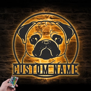 Custom Pug Metal Wall Art LED Light Personalized Dog Lover Name Sign Home Decor Kids Nursery Pet Animal Decoration Birthday Housewarming