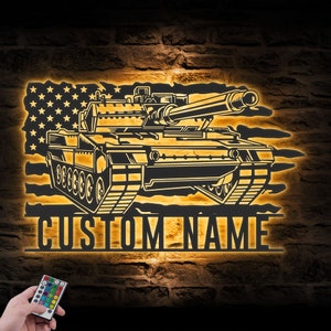Custom US Soldier Military Tank Metal Wall Art LED Light Personalized American Army Tank Name Sign Home Decor Veteran Patriotic Decoration