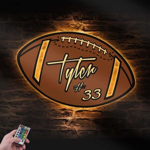 Custom American Football Metal Wooden Wall Art LED Light Personalized Player Name Sign Home Decor Man Cave Sports Room Decoration Christmas
