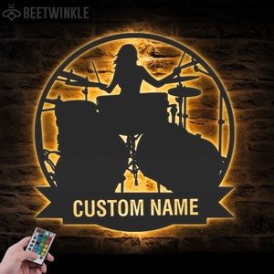 Custom Drummer Room Metal Wall Art LED Light Personalized Drum Lover Name Sign Home Decor Music Room Kids Nursery Decoration Birthday Xmas